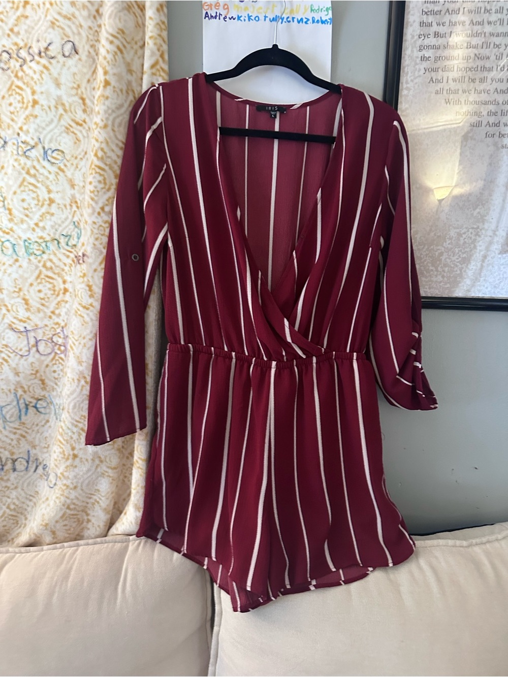 iris Burgundy and White Striped Surplice Romper